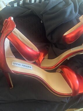 Steve Madden Red Metallic Ankle-Strap Stiletto Heels